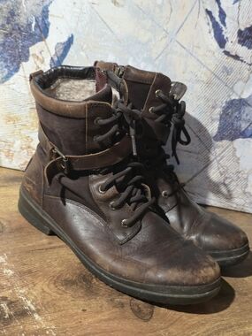UGG Kesey waterproof brown Distressed leather combat boots with wool lining.